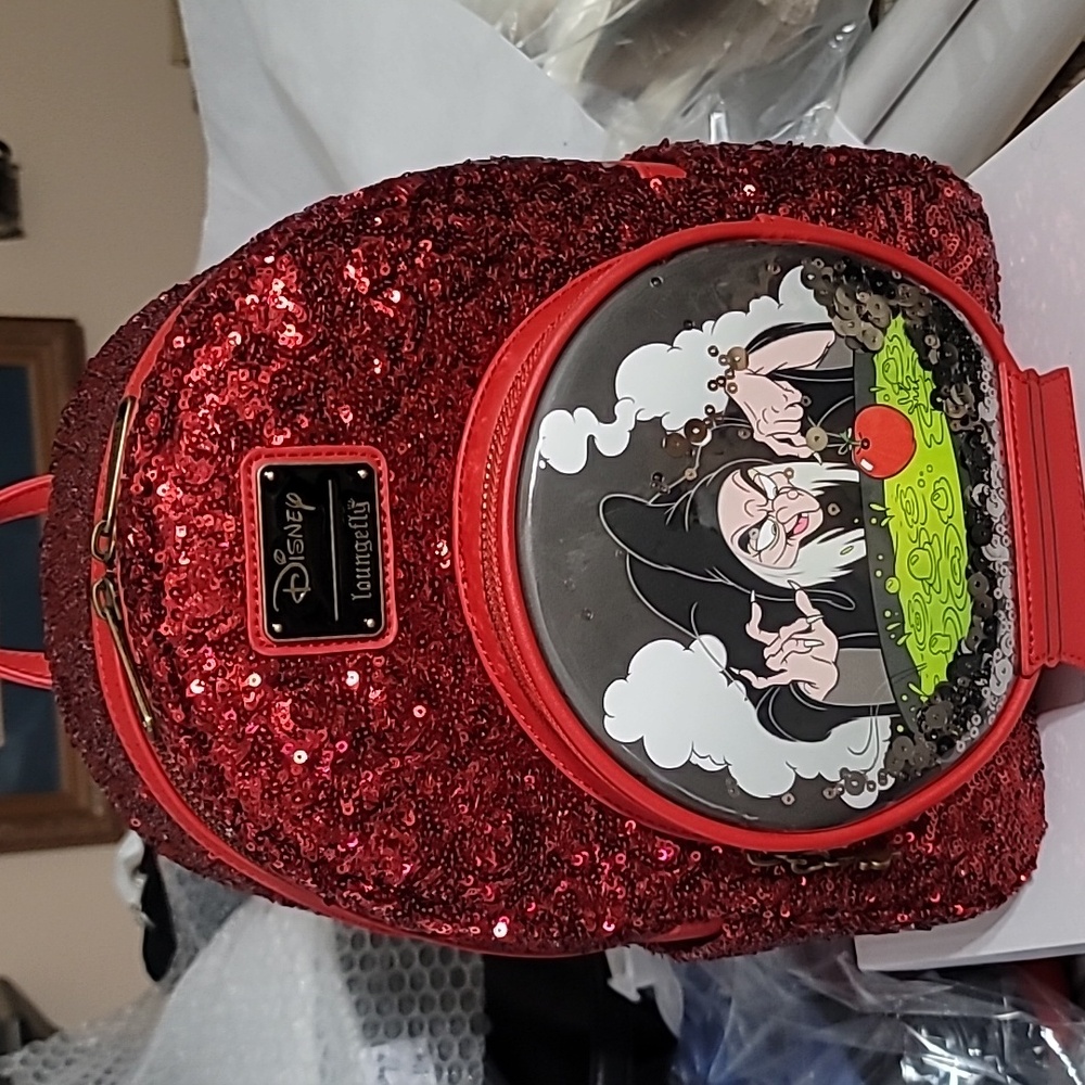 Rare Loungefly Snow White Evil Queen Witch Red Sequined Backpack